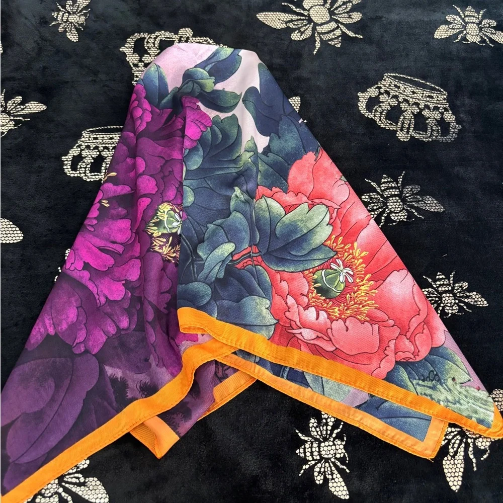 Floral Silk Scarf with Orange Border - Picture 6 of 7